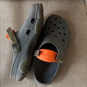 CROCS Men's Dark Gray Clogs with Orange and Olive Straps
